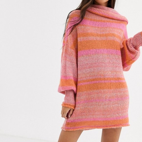 Free People Dresses & Skirts - Free People Candy Stripe Sweater Dress XS Pink Orange Bishop Sleeves Cowl Neck
